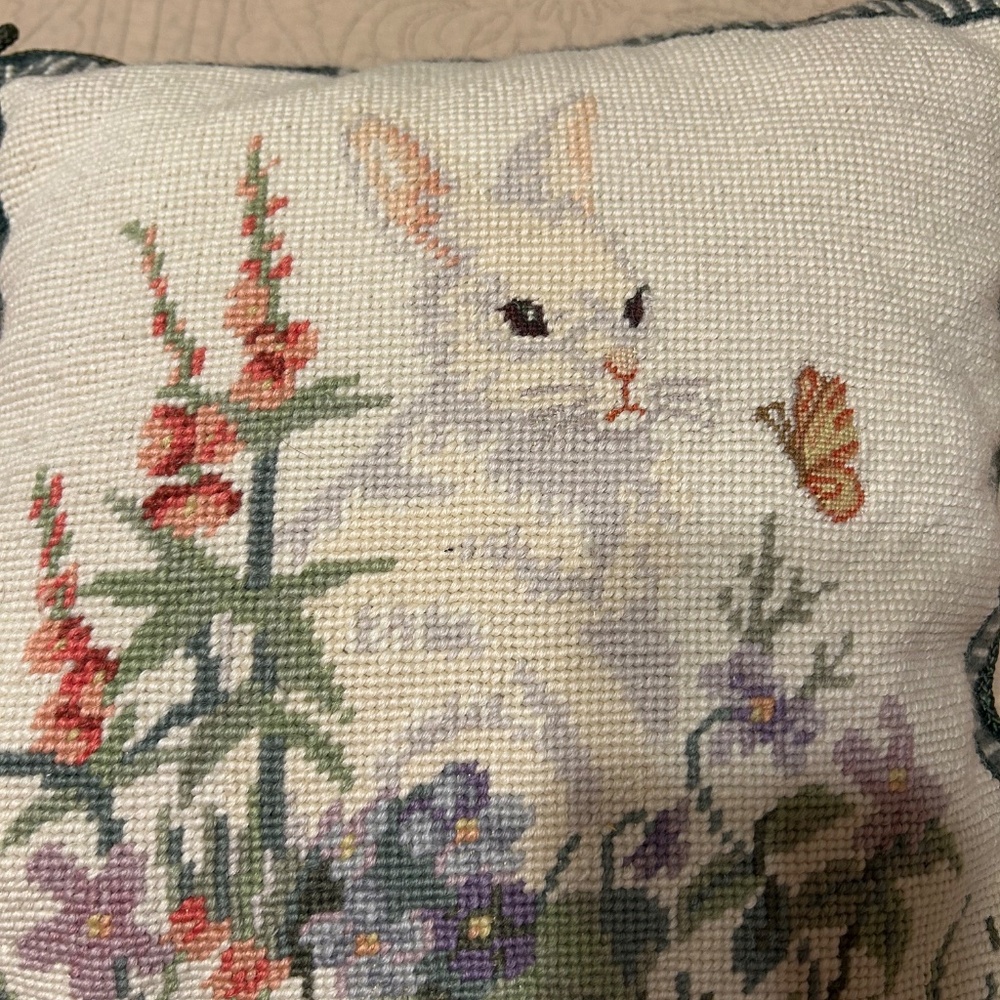 Needlepoint Rabbit Pillow with Velvet Backing - Picture 3 of 5
